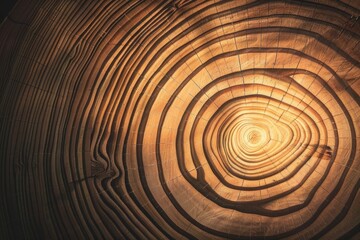 Fototapeta premium Close-up of a cross-section of a tree log highlighting the detailed concentric tree rings with a warm, golden tone, suitable for backgrounds or themes about nature and growth