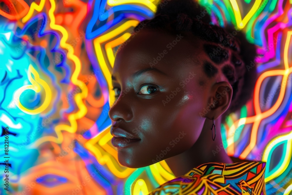 Poster a silhouette is featured against a backdrop of colorful, glowing neon patterns and lights