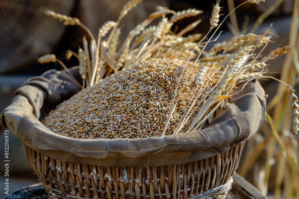 Poster a rustic wooden table showcases a bountiful wicker basket filled to the brim with wheat stalks and g