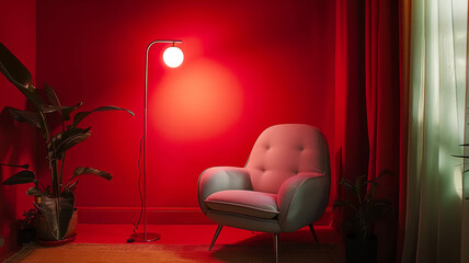 The scene of a home, the prospects are modern designer sofas, lights ... red solid color