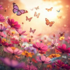  Butterflies dance above a field of flowers in the warm sunlight.
