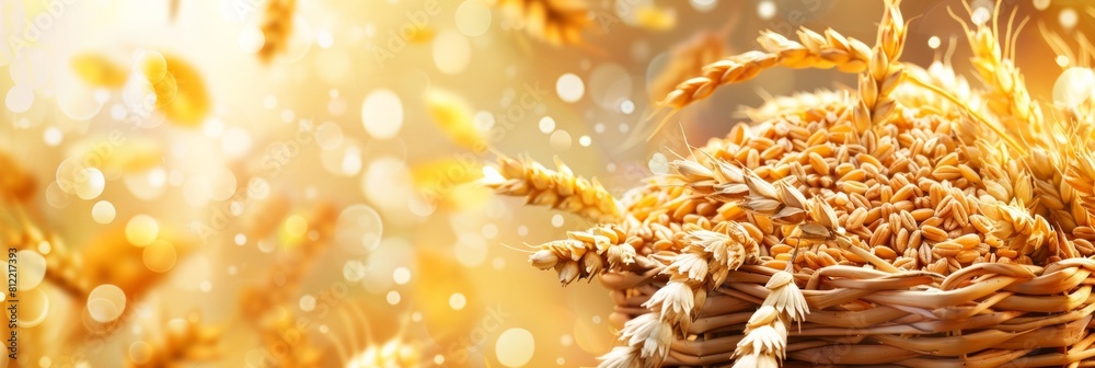 Poster a close-up of a rustic basket filled with ripe wheat ears and grains, showcasing the bounty of a suc