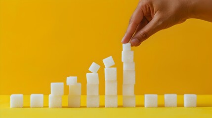 Hand stacking sugar cubes ascending like a bar graph on a vibrant yellow background. Simplistic, conceptual, diet and health theme. AI