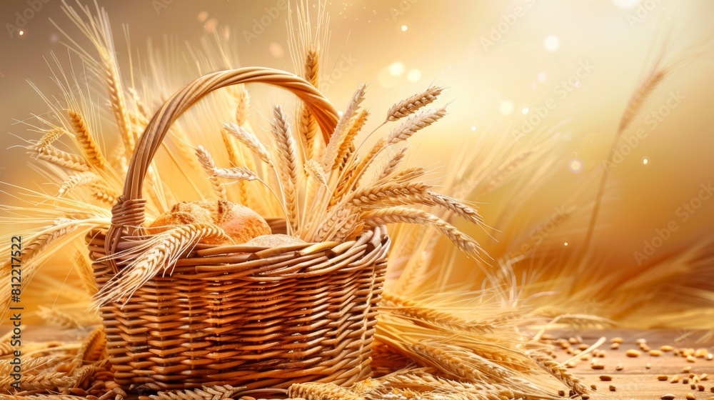 Poster a table adorned with a bountiful basket overflowing with fresh bread, an inviting sight for a wholes