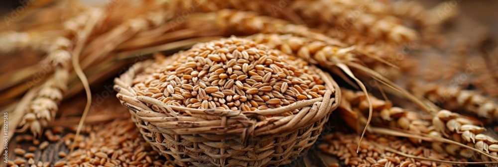 Poster A colorful array of wheat displayed on a rustic wooden table, showcasing the natural beauty of this staple grain. Generative AI