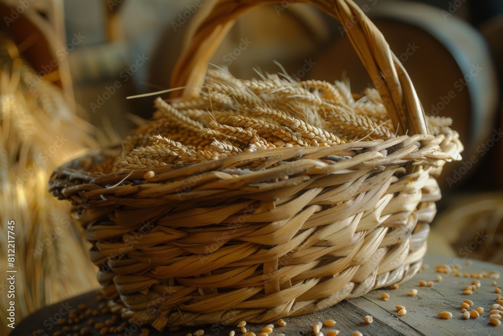 Poster a woven basket filled with wheat ears and grain sits atop a rustic wooden table, creating a wholesom