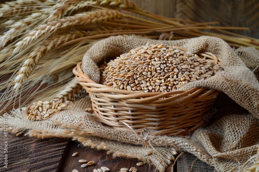 Poster a rustic basket overflowing with grains sits on a wooden table, showcasing the abundance of natures 