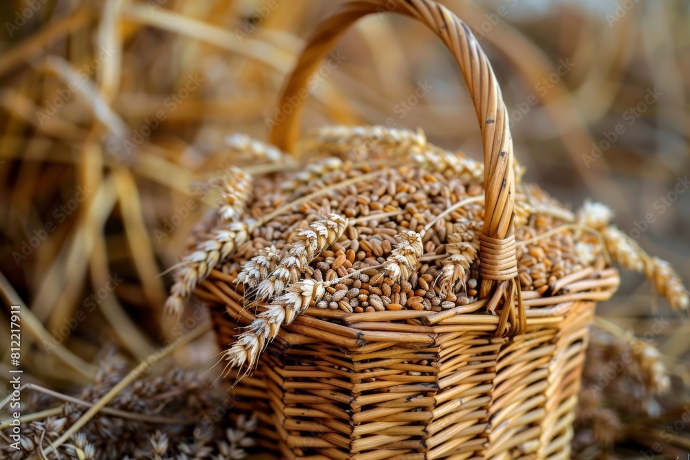 Poster A wicker basket overflows with various grains, resting on the ground in a picturesque display of abundance and rustic charm. Generative AI
