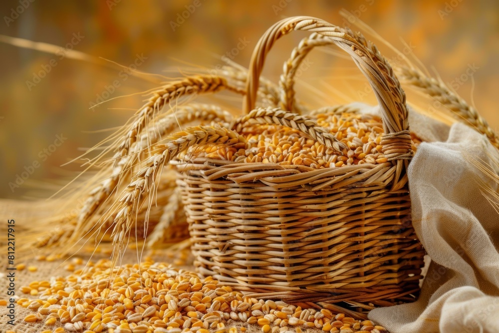 Poster a rustic basket overflowing with golden wheat sits atop a wooden table, showcasing the abundance of 