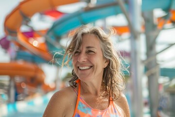 Mature woman with a beaming smile enjoys the sun at a colorful water park with water slides