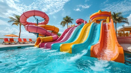 A set of colorful water slides in an outdoor aquapark