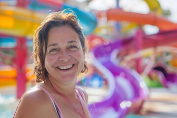 Fototapeta premium Portrait of a mature woman smiling at the camera with vivid water slides of a water park in the background