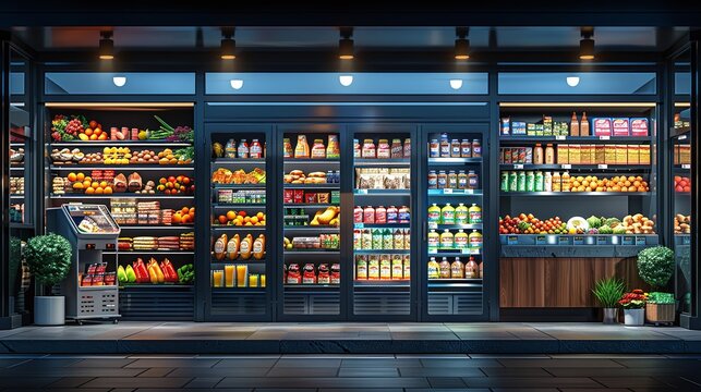 A supermarket store with a lot of food and drinks in the freezer section