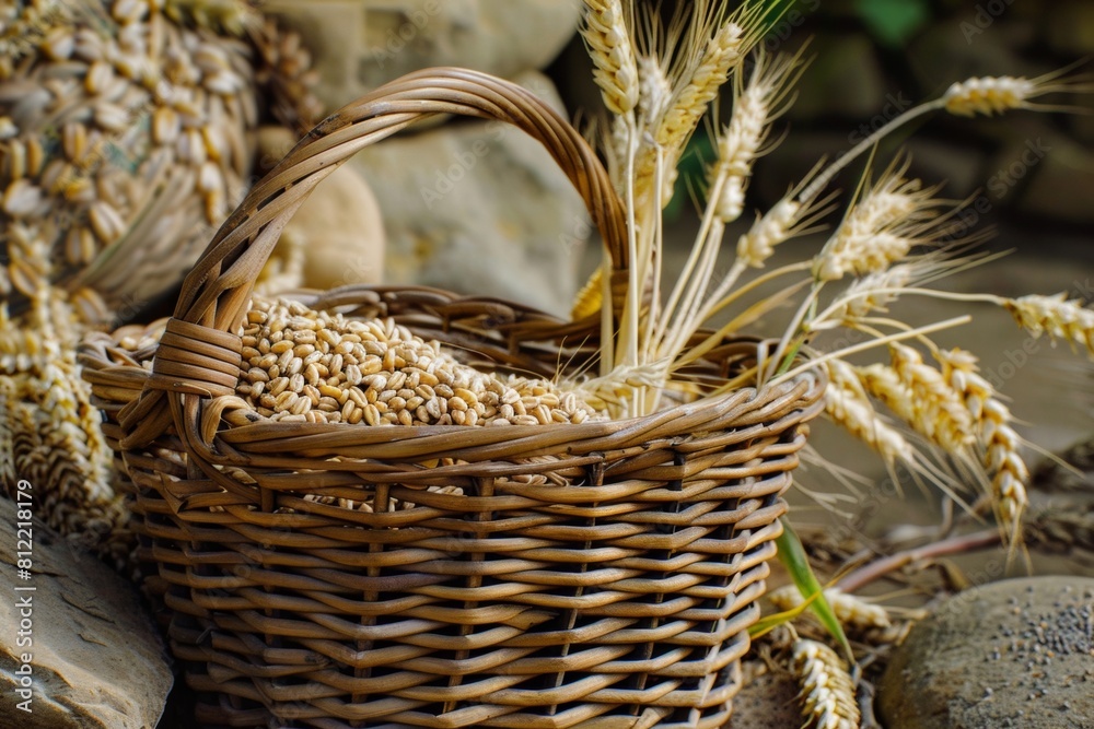 Poster a wicker basket brimming with golden wheat sits peacefully next to rugged rocks in a serene setting.