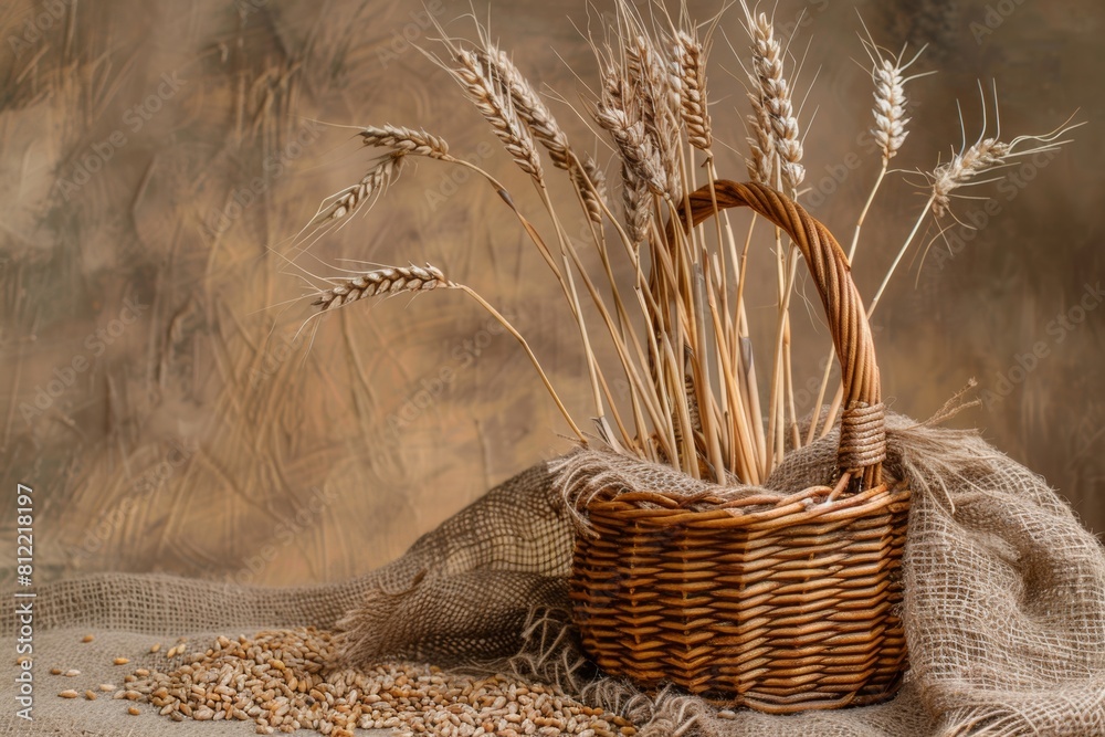 Poster A beautiful wicker basket overfloweth with fresh wheat atop a rustic wooden table, creating a scene of abundance and farm-to-table goodness. Generative AI