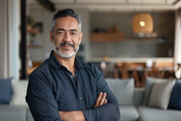 Senior man crossing his arms with pleasant smile in a chic and spacious living area
