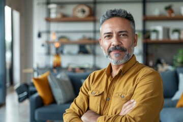 Obraz premium Portrait of a confident middle-aged man with arms crossed, wearing a yellow shirt, standing in a modern home setting