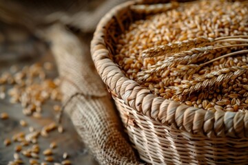 A wicker basket brimming with grains of golden wheat, symbolizing abundance, harvest, and wholesomeness. Generative AI