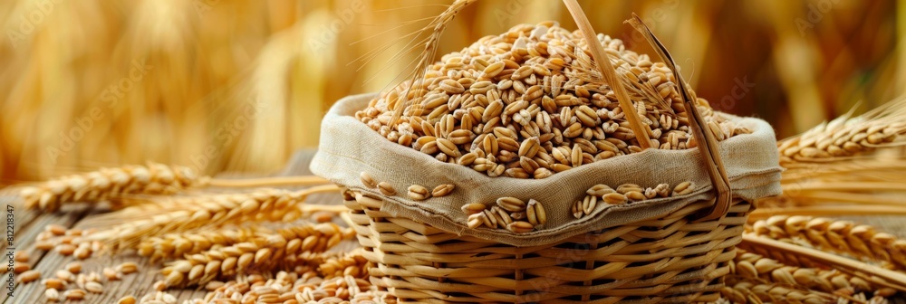 Poster A rustic wooden table is adorned with a bountiful basket overflowing with golden wheat, evoking a sense of abundance and wholesome simplicity. Generative AI