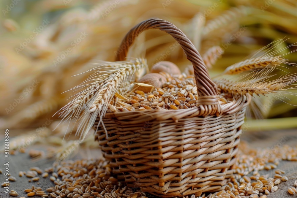 Poster a basket overflowing with wheat, symbolizing prosperity and abundance, rests on a rustic wooden tabl