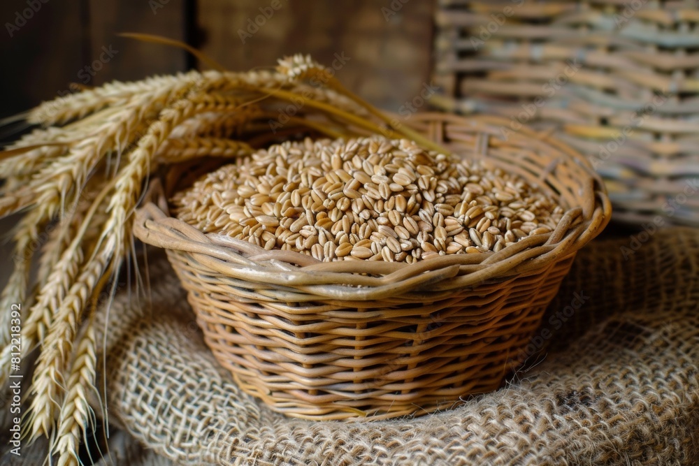 Poster a rustic table hosts a handmade basket overflowing with wheat, showcasing natures bounty and the ess