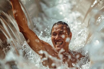 A man is submerged in water, arms raised, with joy and splashes surrounding him