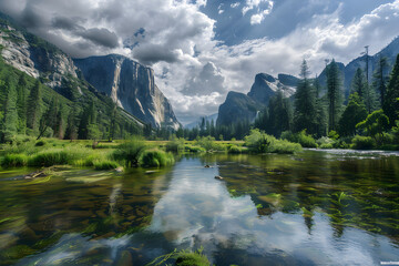 Sublime Landscape: A picturesque View Of A River Under The Sky, In The Heart Of US National Park
