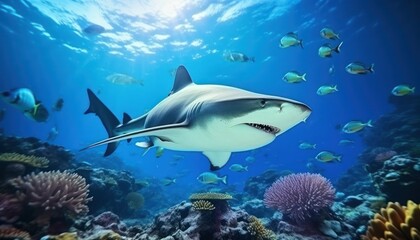 Obraz premium The great White Shark in the ocean, portrait of White shark hunting prey in the underwater