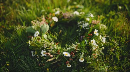 A picturesque scene unfolds on a lush green lawn a gorgeous midsummer flower wreath set against the backdrop of a traditional Scandinavian summer celebration This charming greenery wedding 