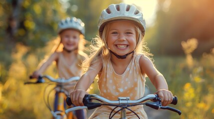 Naklejka premium Two little girls in helmets on a bicycle in the park. Selective focus.
