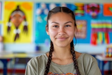 A vibrant portrait of a happy young girl in a classroom with indigenous art in the background, embodying cultural heritage