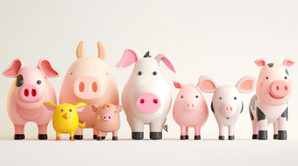 Farm animals with their baby. Cartoon pet animal family. Mothers and kids. Domestic parents and children. Mom pig with piglet, cute cow and calf. 3D avatars set vector icon, white background, black co