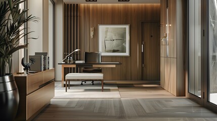 Envision a wooden entrance hallway exuding modern elegance, featuring a curated selection of furniture. HD realism enhances every detail, from the sleek desk to the inviting shoe bench.