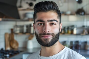 Cheerful young man with full beard smiling in a kitchen with cooking utensils in the background