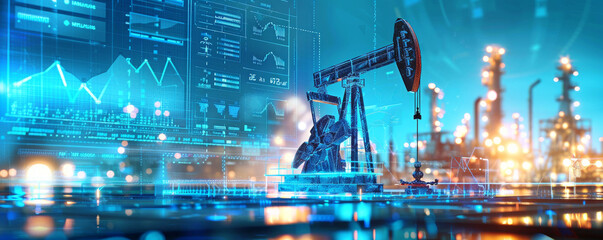 Futuristic digital oil pump jack overlay with glowing numerical data and cityscape at dusk