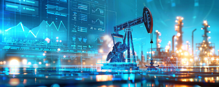 Futuristic digital oil pump jack overlay with glowing numerical data and cityscape at dusk