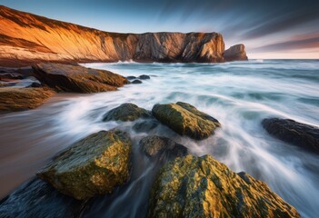 Fototapeta premium captivating coastal long exposure moving waves, seascapes, motion, water, ocean, beach, shore, horizon, rocks, coastline, serene, tranquil, scenic, outdoor,