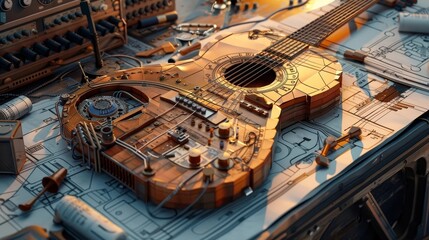 Low Poly Art Illustrating Guitar Recording Techniques with Steampunk Blueprints