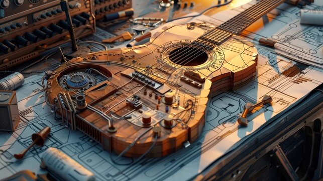 Low Poly Art Illustrating Guitar Recording Techniques with Steampunk Blueprints