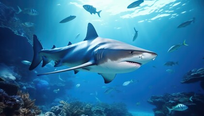Fototapeta premium The great White Shark in the ocean, portrait of White shark hunting prey in the underwater