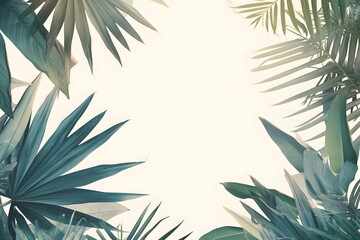 Tropical palm leaves frame on a light background. Flat lay composition with copy space. Summer and nature theme for design and print.