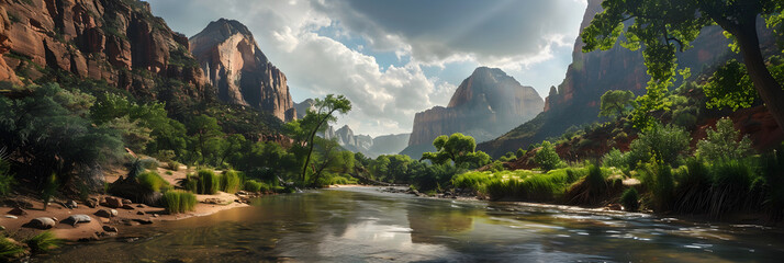 Sublime Landscape: A picturesque View Of A River Under The Sky, In The Heart Of US National Park