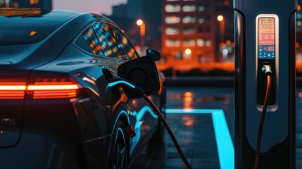 An electric vehicle is being charged at a station, while its wheels, tires, and alloy wheels rest peacefully under the hood. AIG41