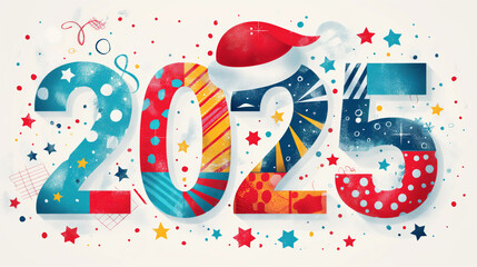  Bold 2025 numerals in festive colors with a Santa hat, ideal for a joyful and celebratory Christmas design.