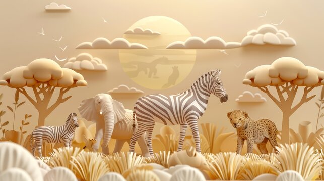 Wildlife flat design front view safari theme 3D render Monochromatic Color Scheme