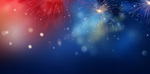 Dazzling display of fireworks explodes in vibrant colors against a dark blue night sky, symbolizing celebration, festivity, and grand occasions with bright light effects and bokeh