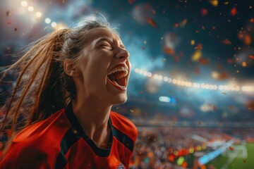 Cheerful female soccer fan screaming with mouth wide open at stadium
