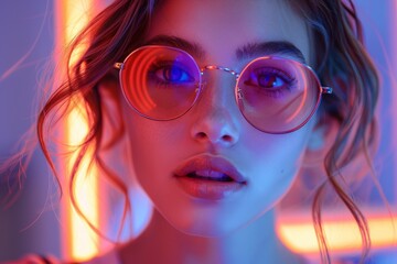 Close-up of young woman with glasses and neon light reflecting on her face creating a vibrant look