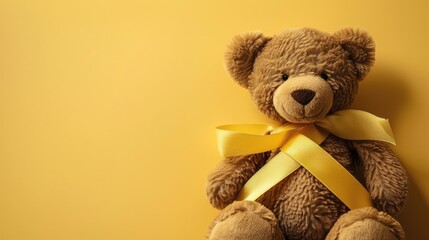 A yellow ribbon and teddy bear held together against a yellow backdrop to show solidarity with children battling illness Symbolizing both September s Childhood Cancer Awareness Month and Wo