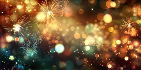 Vibrant digital illustration of a fireworks display, featuring a beautiful bokeh effect with shimmering gold and multicolored lights, perfect for celebrations and festive occasions